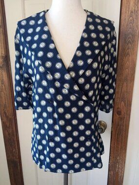 Vintage Laura Ashley Short Sleeve Blouse  Navy Blue Anchor Pattern